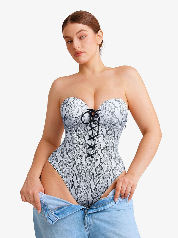 Shapewear Lace-Up Corset Bodysuit with Removable Straps