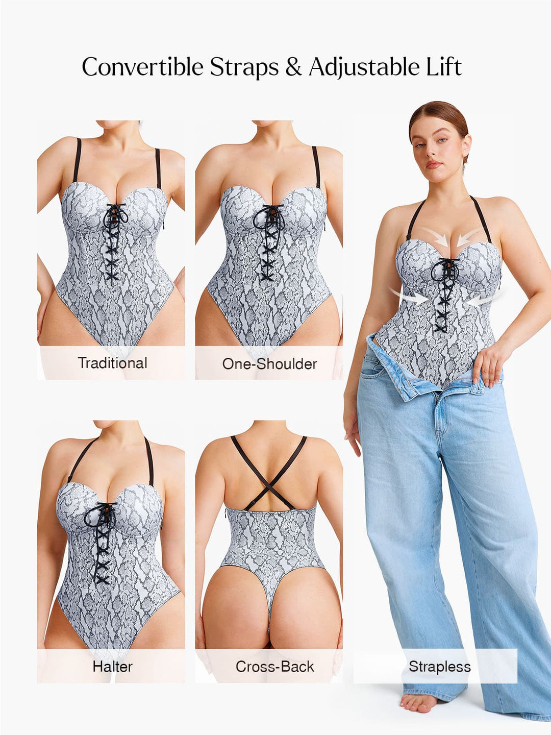 Shapewear Lace-Up Corset Bodysuit with Removable Straps