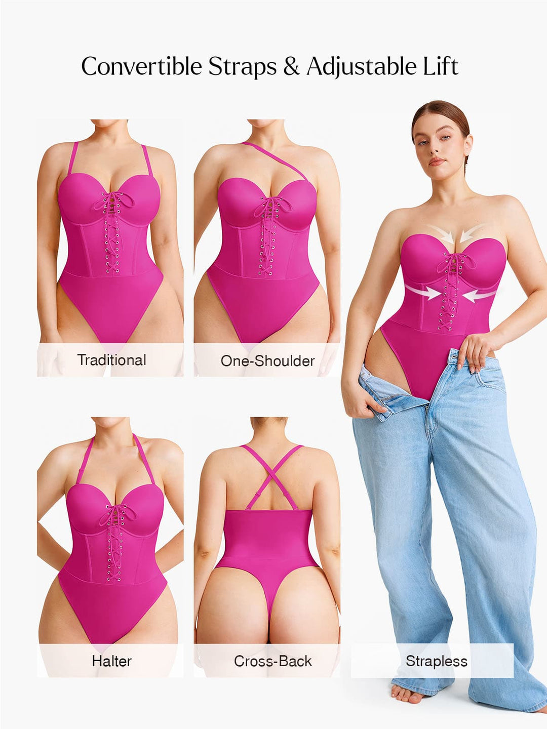 Shapewear Lace-Up Corset Bodysuit with Removable Straps