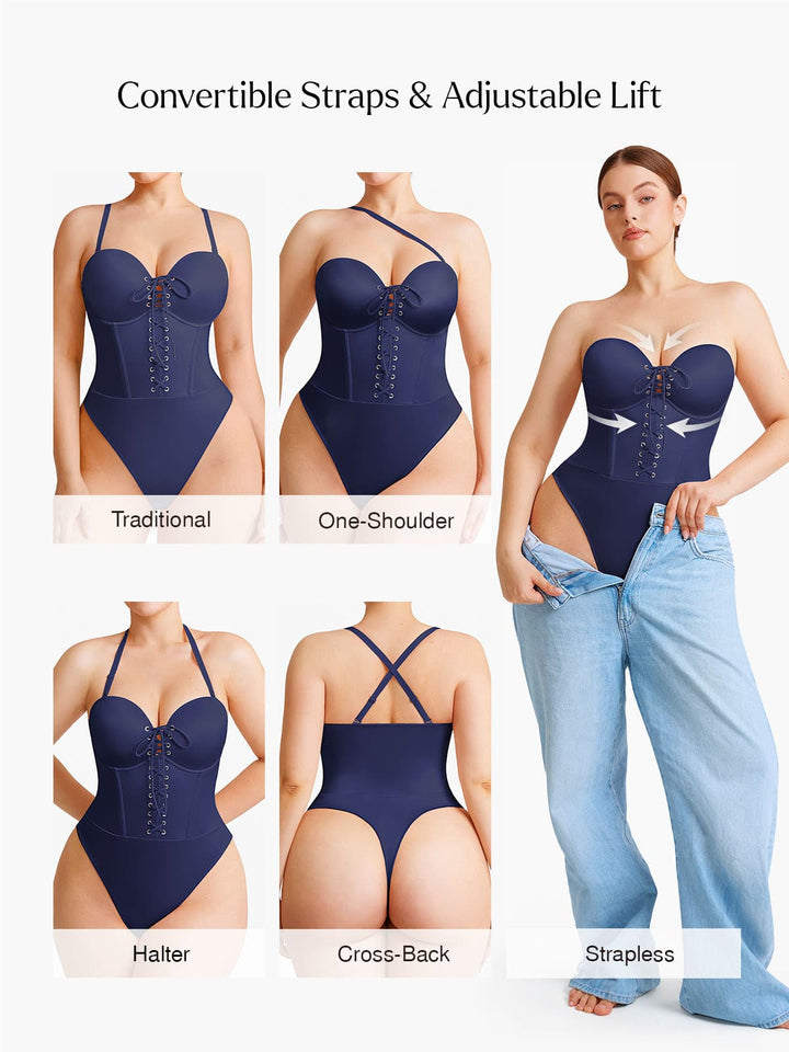 Shapewear Lace-Up Corset Bodysuit with Removable Straps