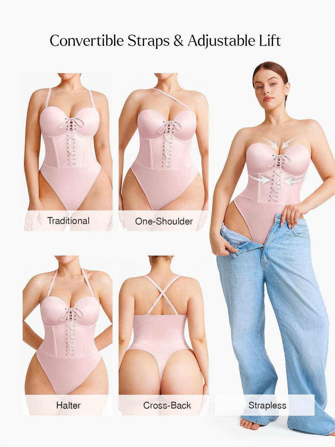 Shapewear Lace-Up Corset Bodysuit with Removable Straps
