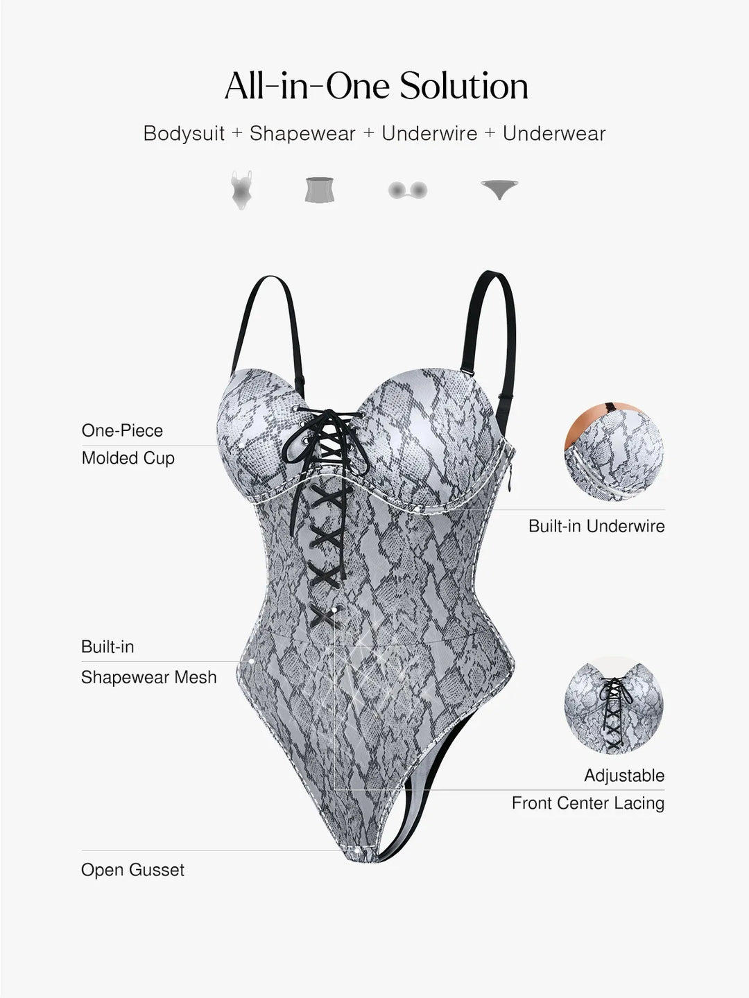 Shapewear Lace-Up Corset Bodysuit with Removable Straps