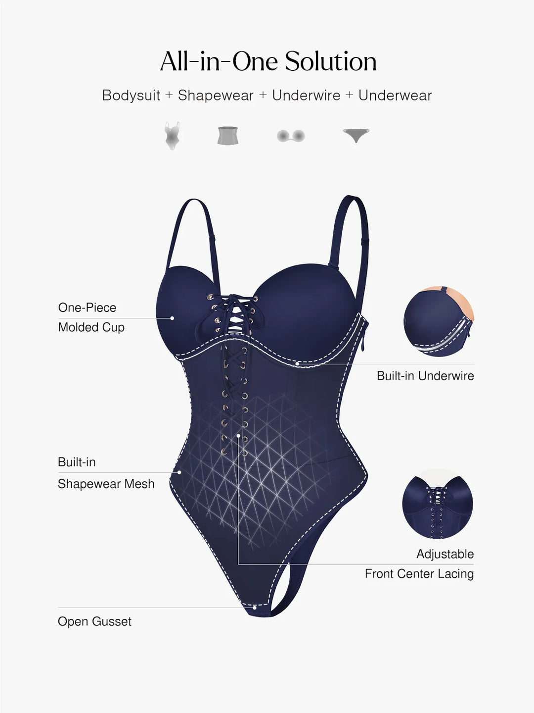 Shapewear Lace-Up Corset Bodysuit with Removable Straps