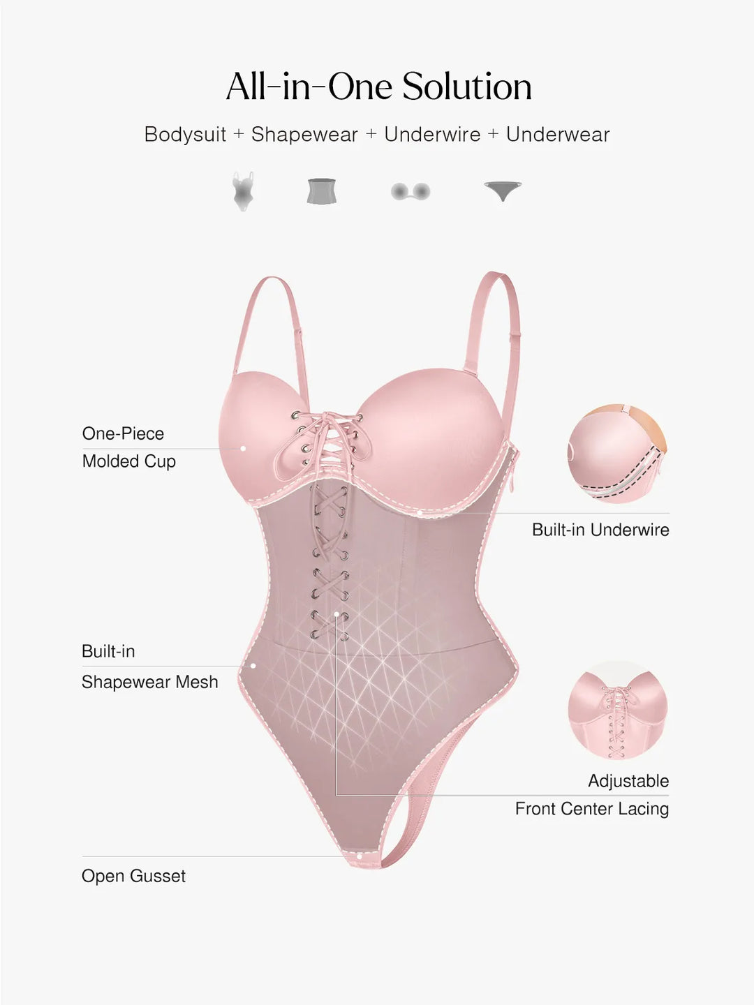 Shapewear Lace-Up Corset Bodysuit with Removable Straps