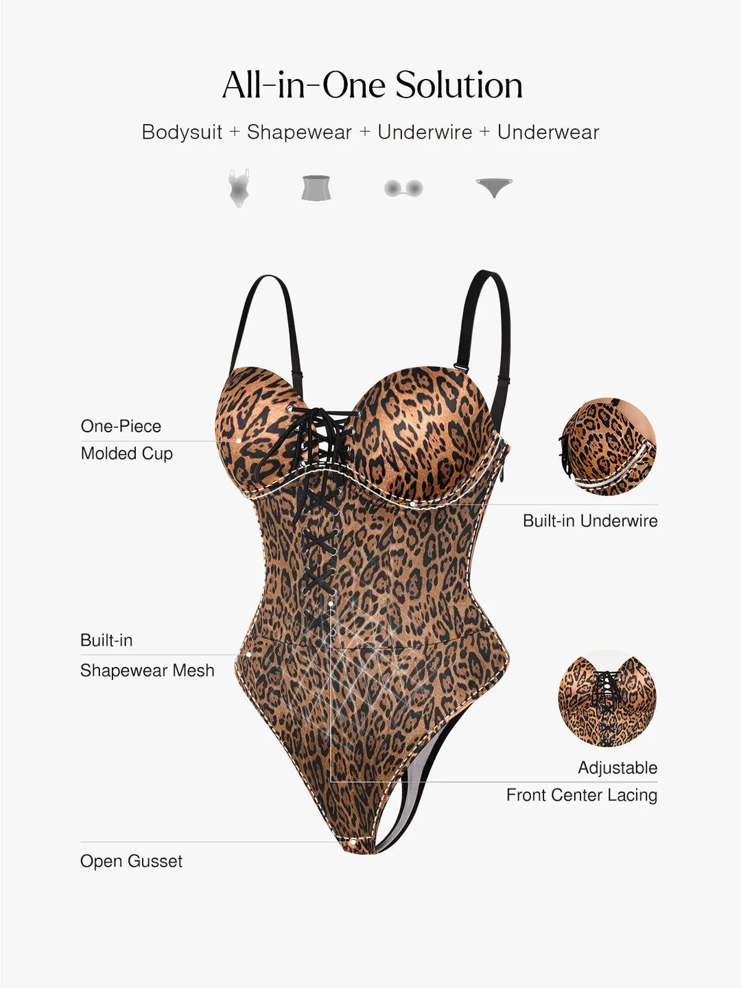 Shapewear Lace-Up Corset Bodysuit with Removable Straps