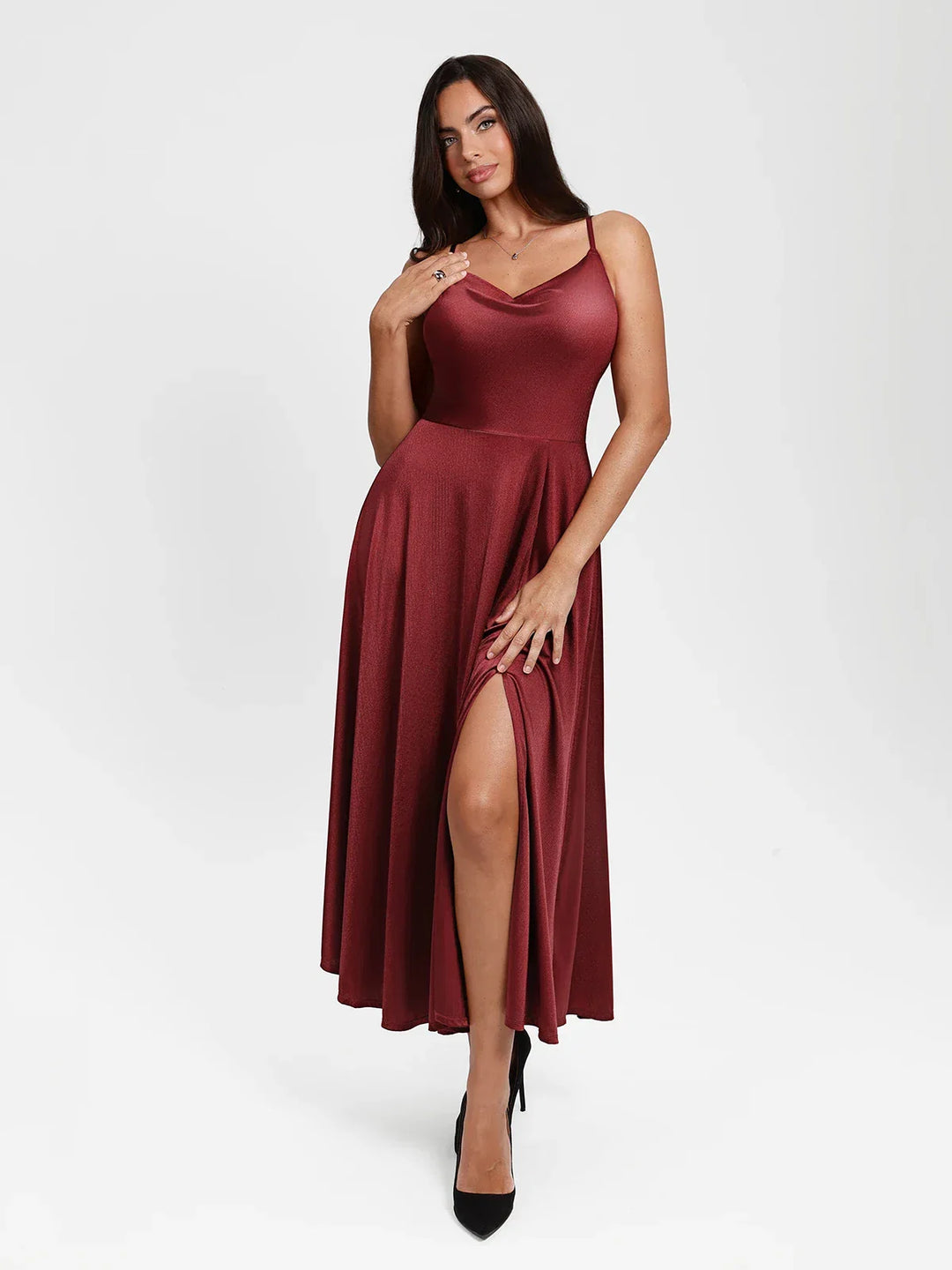 Shapewear Strappy Cowl Neck Fit & Flare Maxi Dress