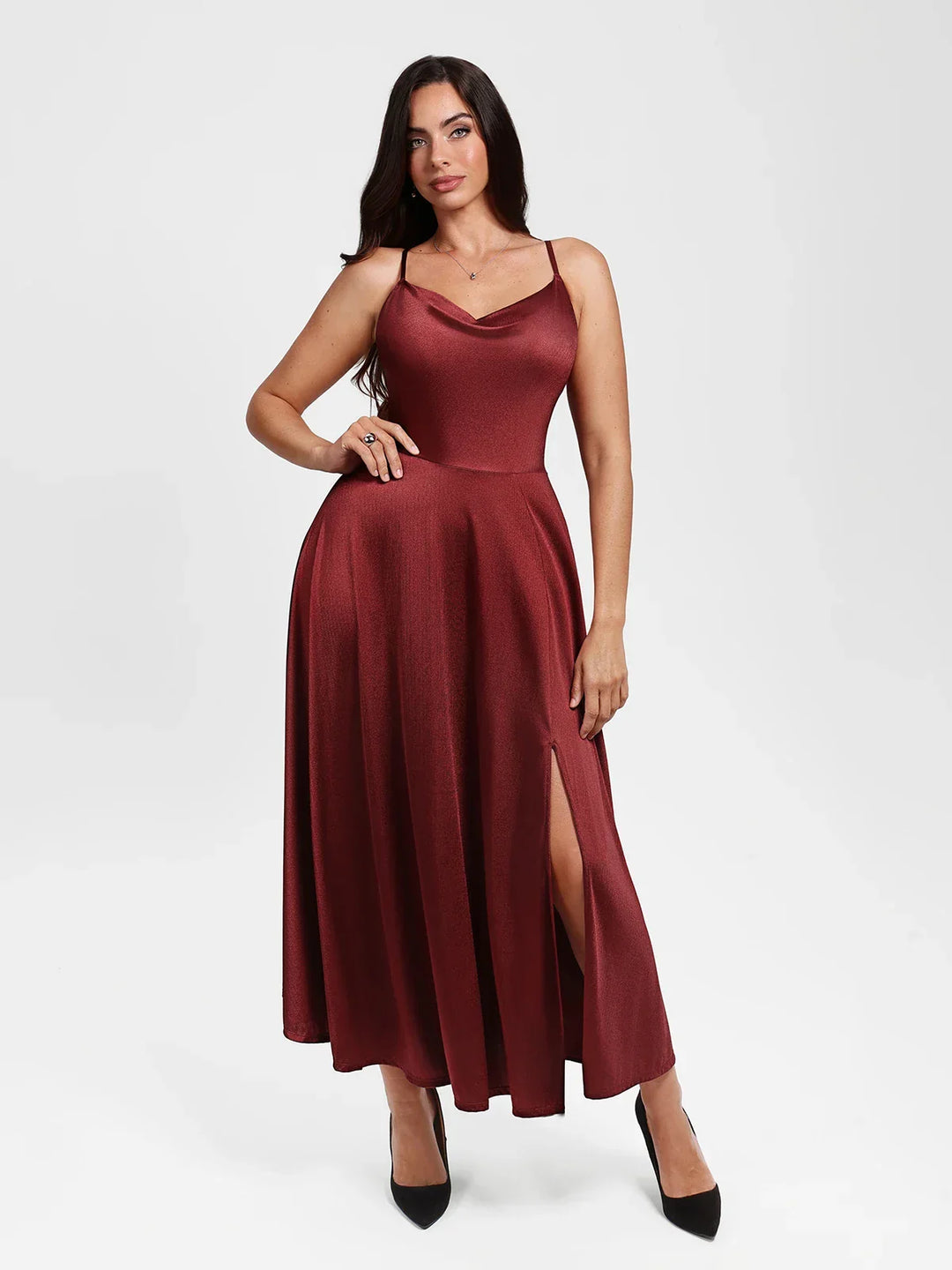 Shapewear Strappy Cowl Neck Fit & Flare Maxi Dress